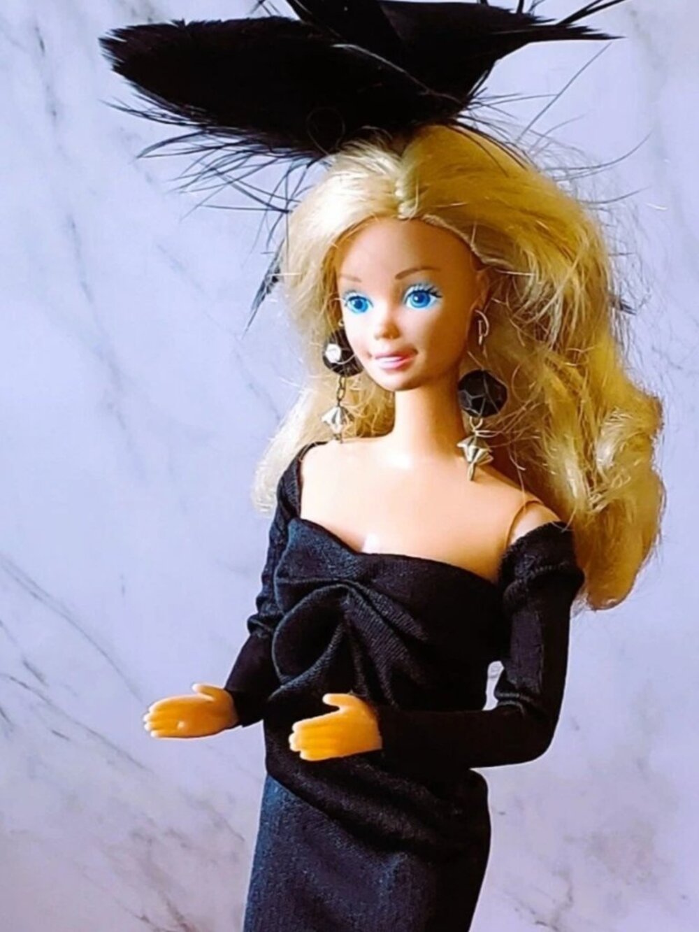 Barbie Black Evening Gown Black Bow in Hair Made in Taiwan 1980's Vintage Mattel